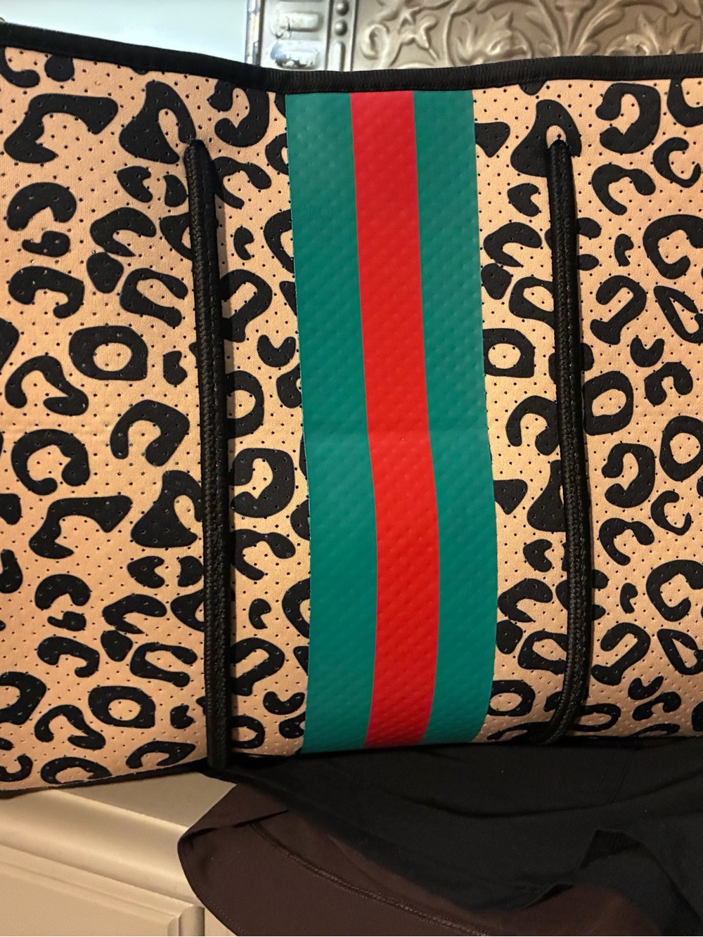 Beige Leopard Print Tote with Green & Red Stripe
